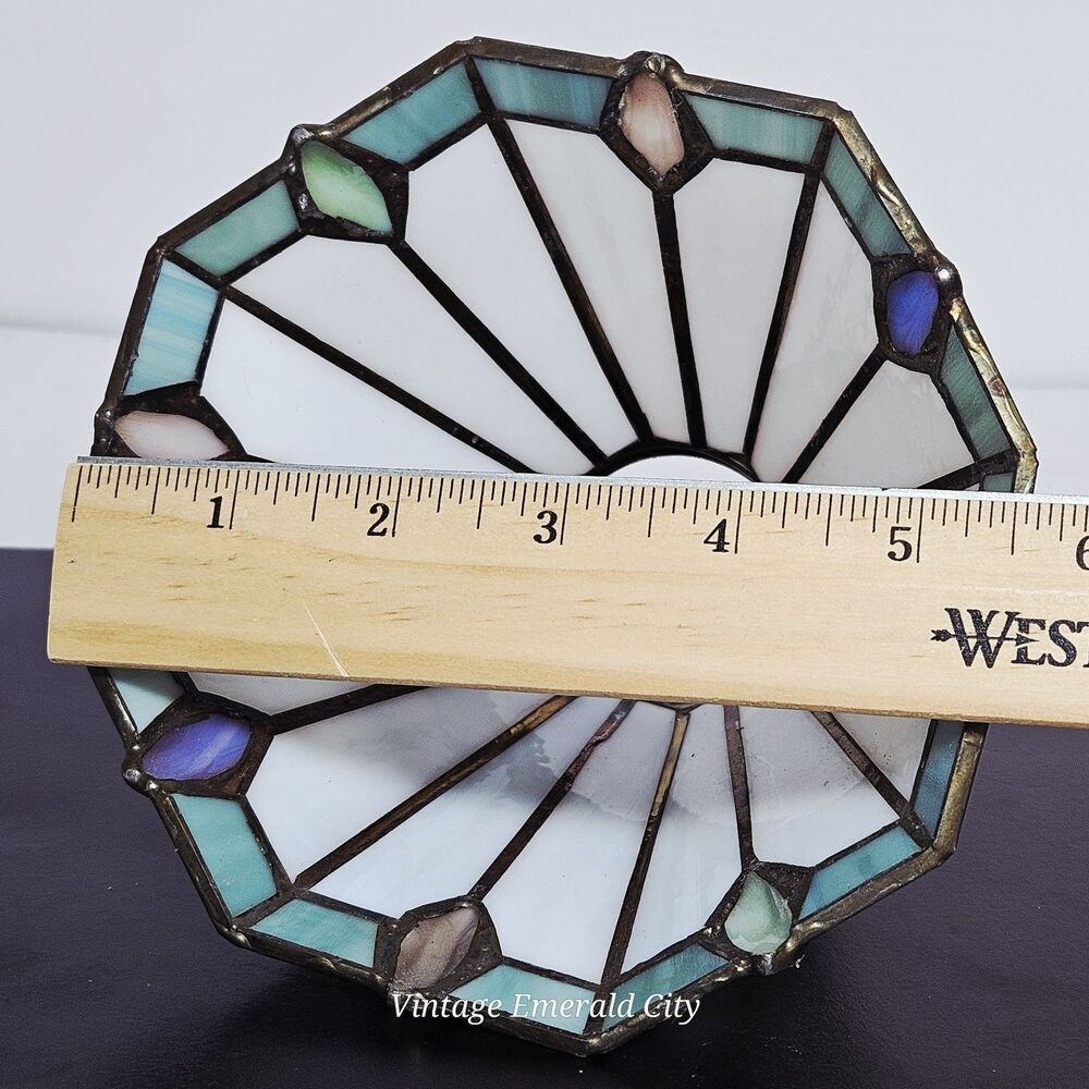 Vtg Antique Tiffany-style Stained Glass Lamp Shade Brass-White Teal Pink Mexico - Picture 7 of 12